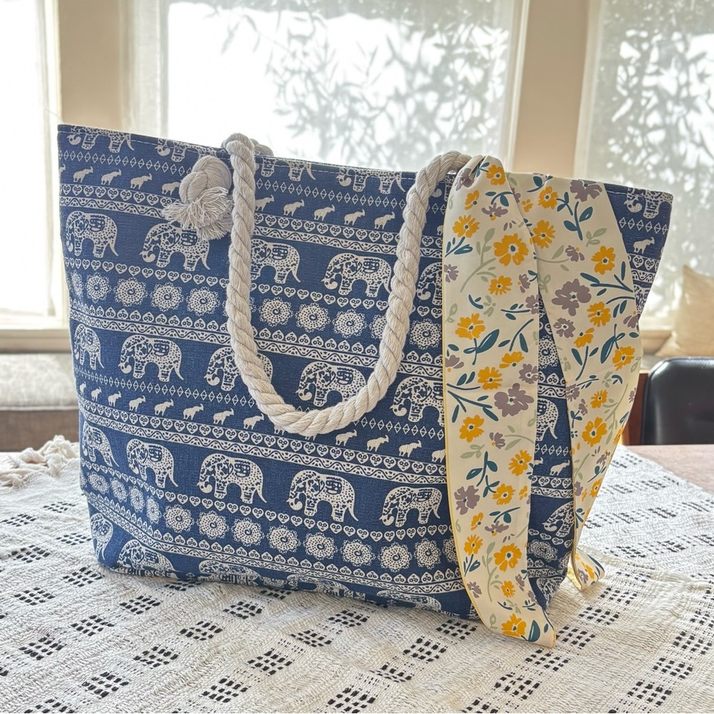 Elephant Print Canvas Tote Bag in Navy and White - Picture 7 of 10